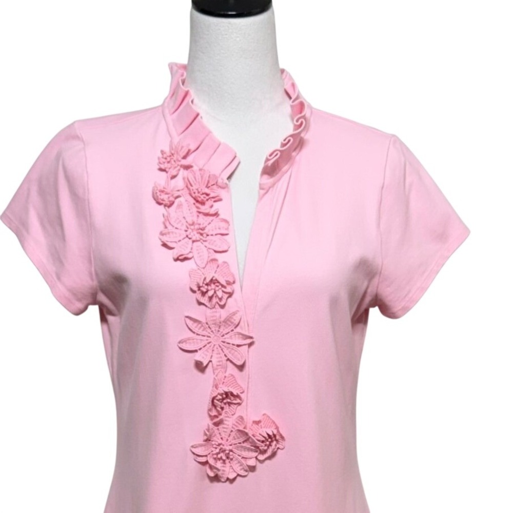 Lilly Pulitzer Dress Large Pink Clary Pique Polo Floral Ruffle Mini Short Sleeve
